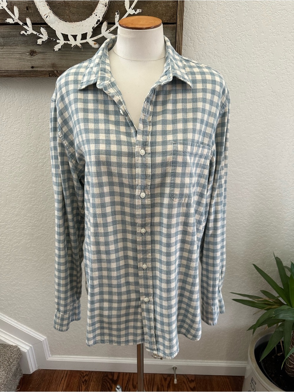 J. Crew Blue and White Check Button-Up Shirt size Large